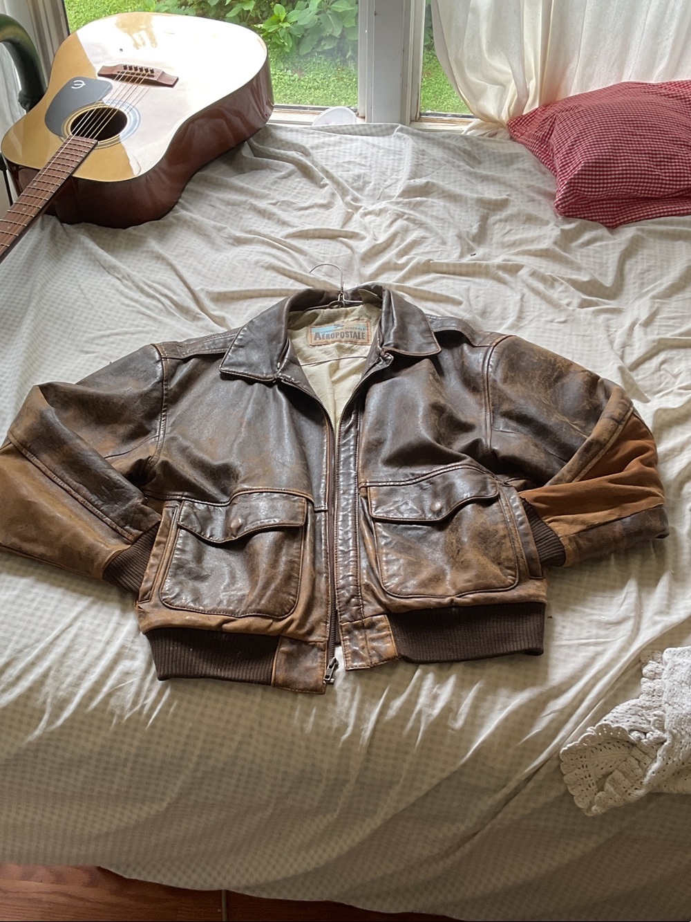 RARE Aeropostale Brown Distressed Leather Bomber Jacket